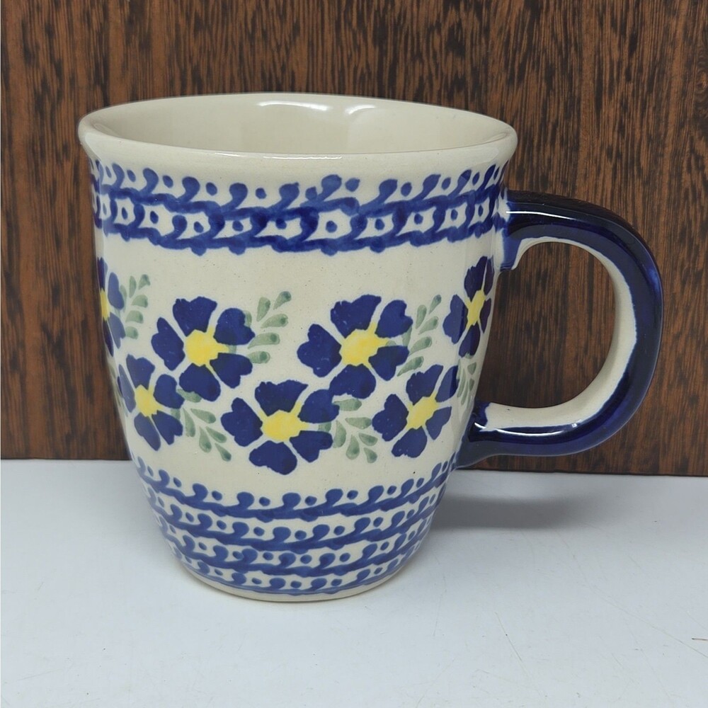 Vintage Boleslawiec Handmade Polish Pottery Blue Yellow Daisy Coffee Mug Cup 10z